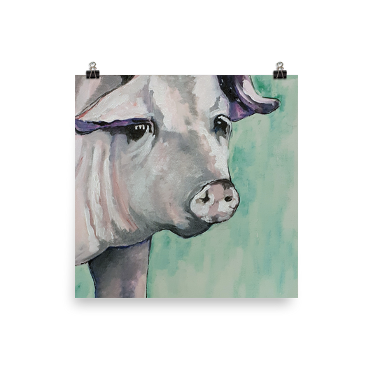 18x18 print of a painting of a pig's face with a green background.