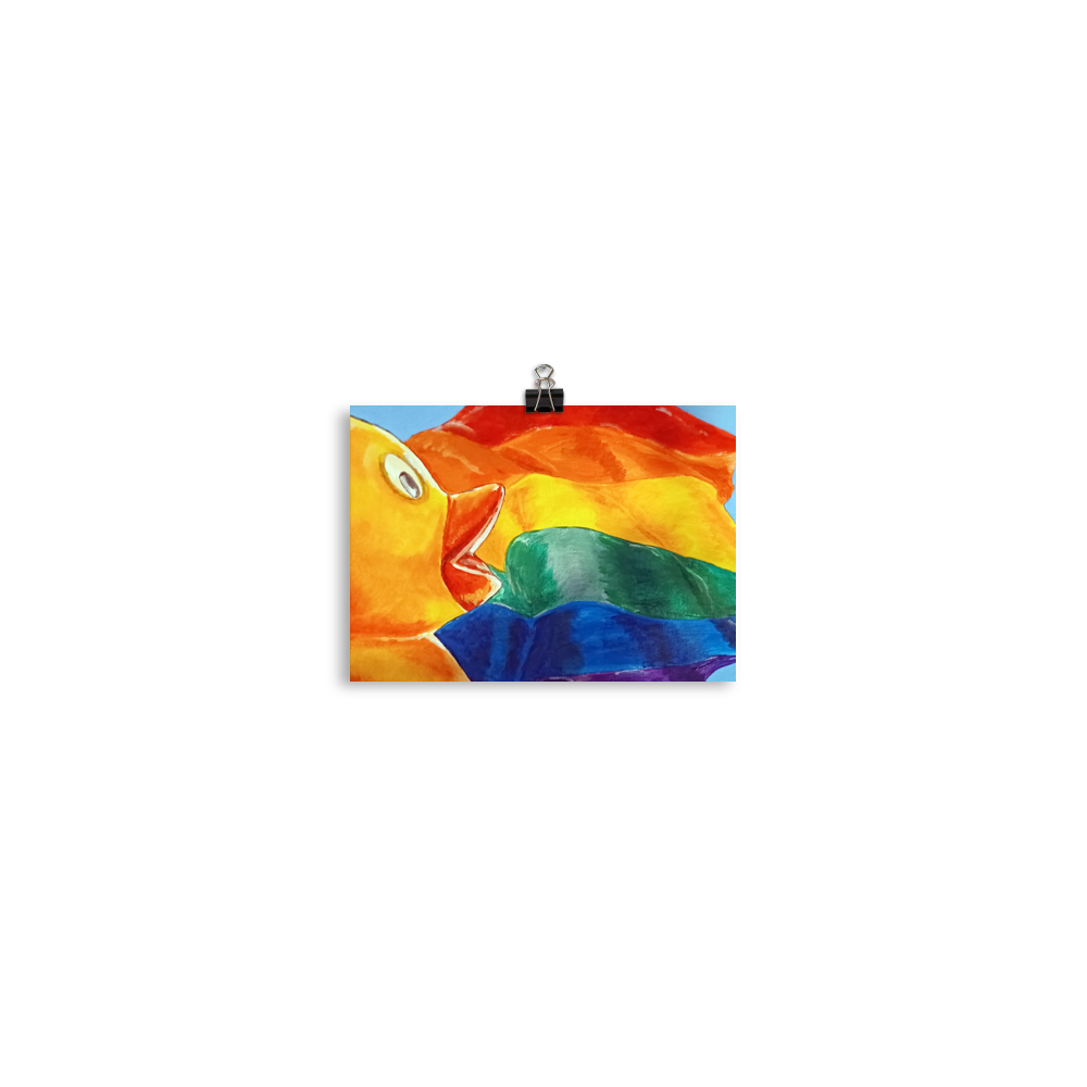 5x7 print of painting of rubber duck profile in front of pride flag. 