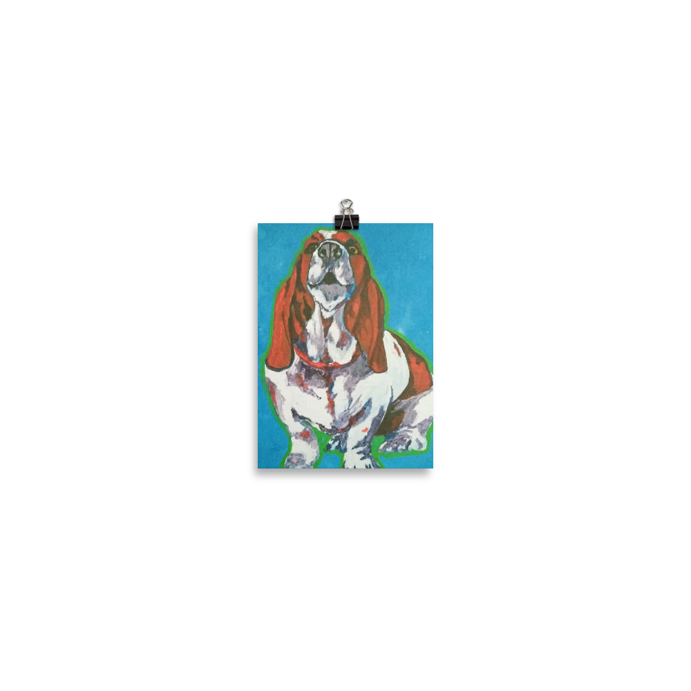 5x7 print of a Basset Hound in front of a blue background