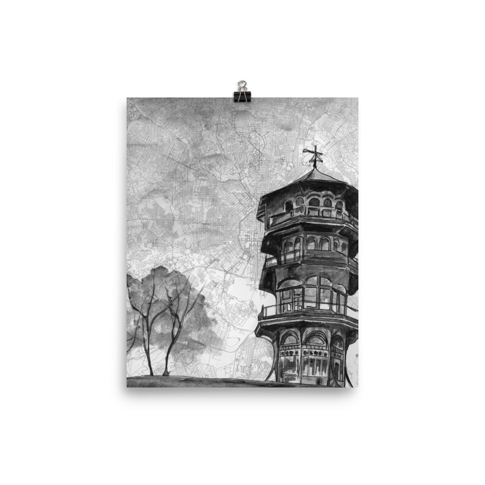 8x10 print of a painting of the Patterson Park Pagoda on a map of Baltimore. 