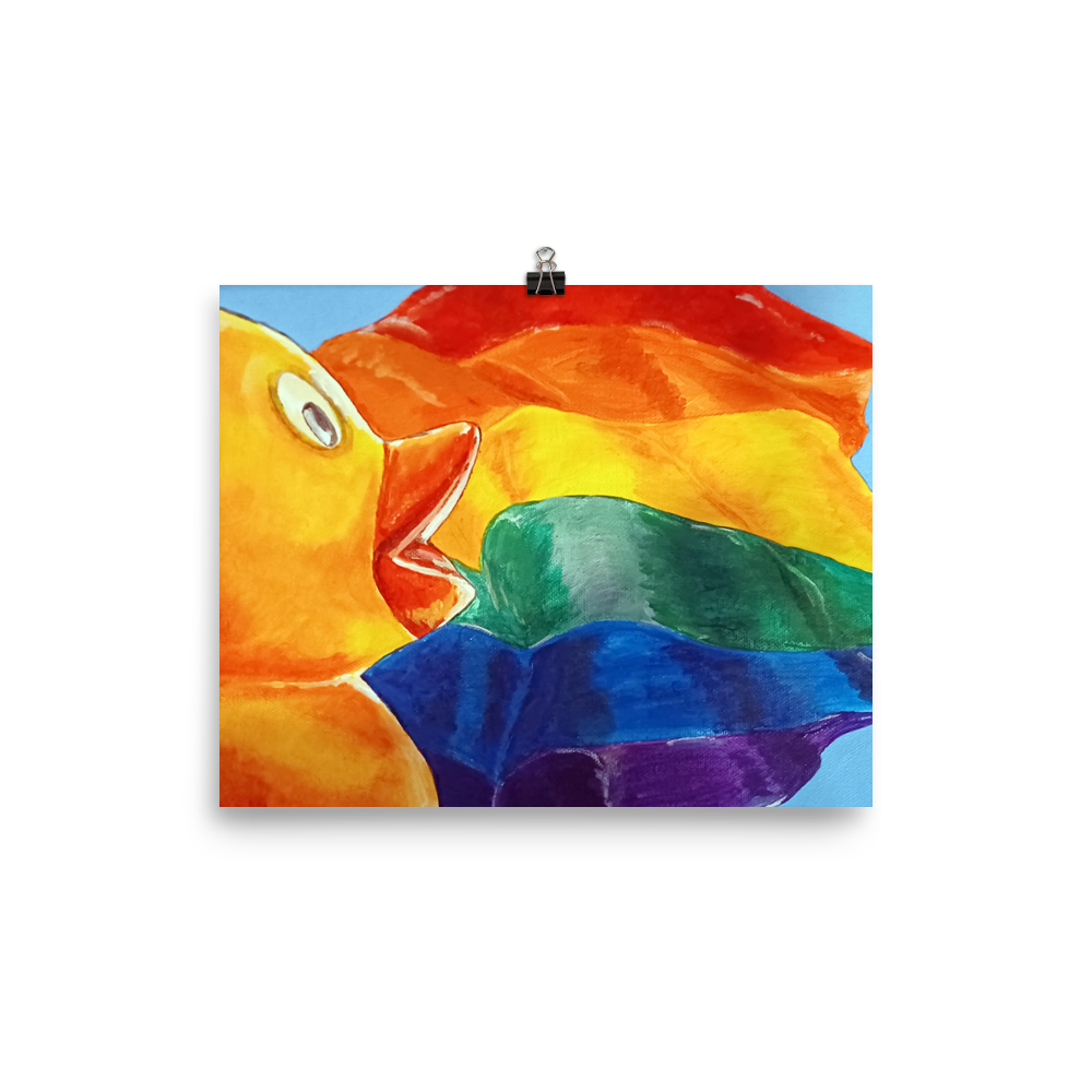 8x10 print of painting of rubber duck profile in front of pride flag. 