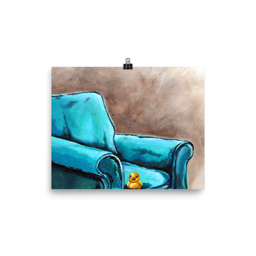 8x10 print of a painting of a rubber duck sitting in a blue arm chair.