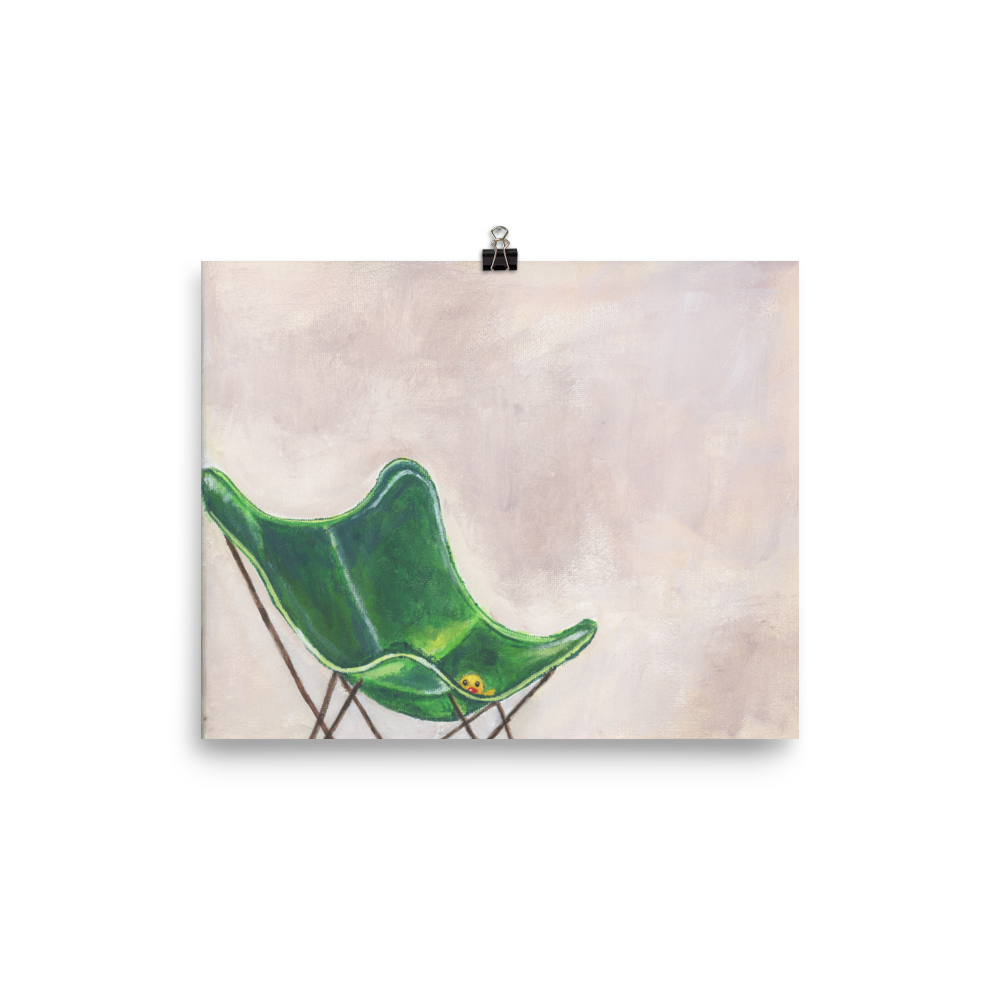 8x10 print of a rubber duck sitting in a green butterfly chair.