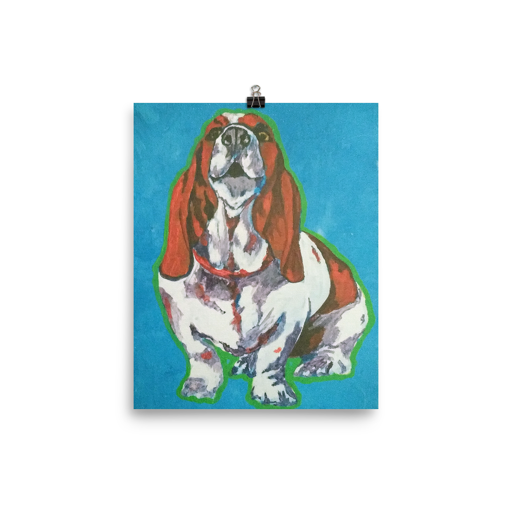 8x10 print of a Basset Hound in front of a blue background