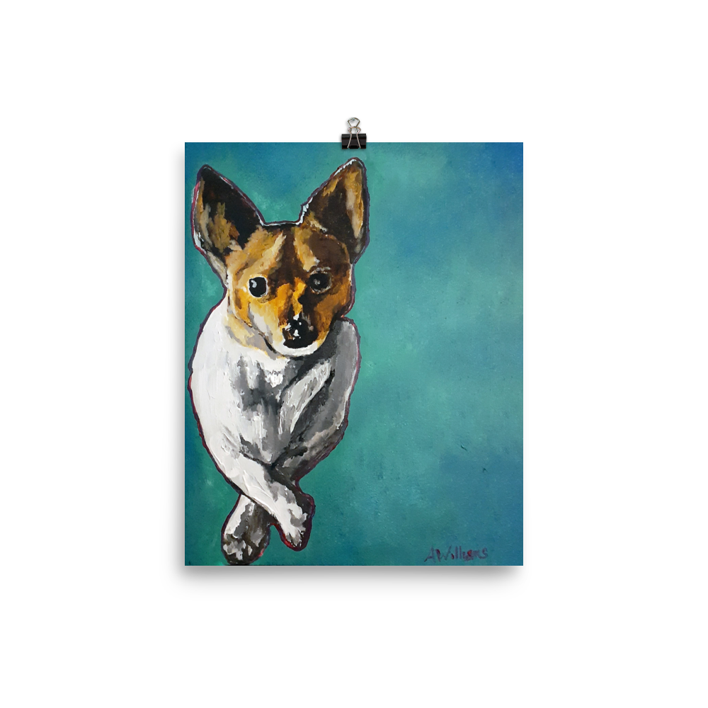 8x10 print of a Jack Russell Terrier painting with teal background