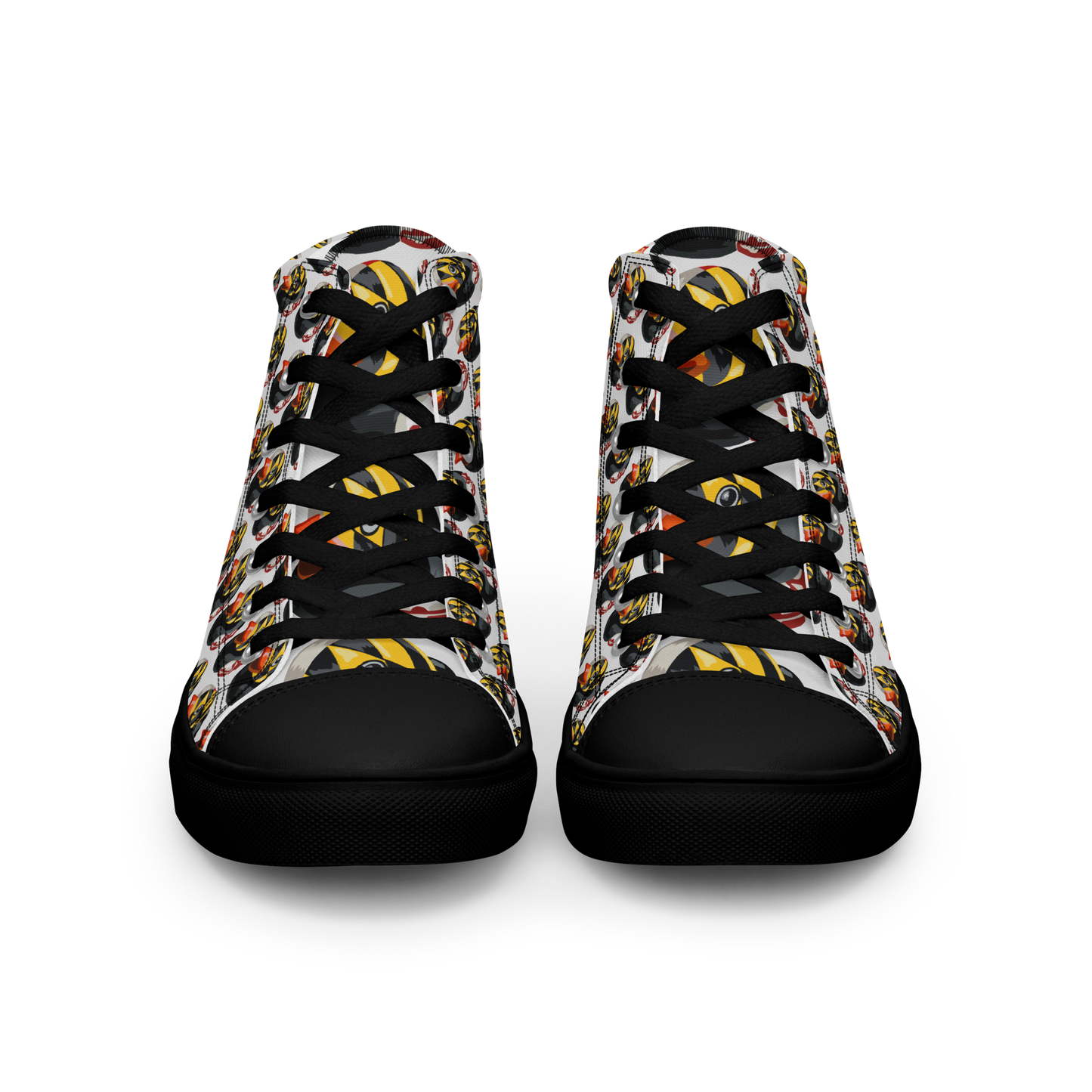 front view of all over pattern Maryland BMORE DUCKS! men's canvas high top shoes with black soles and laces