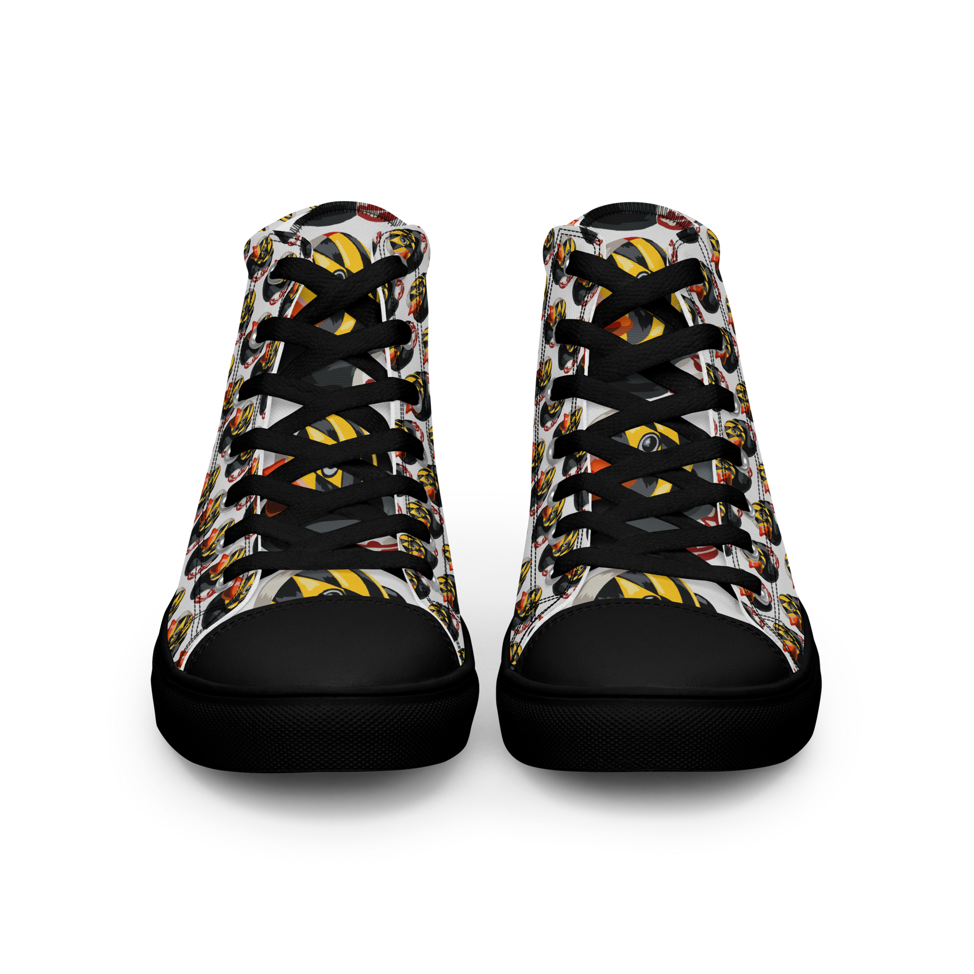 front view of all over pattern Maryland BMORE DUCKS! men's canvas high top shoes with black soles and laces