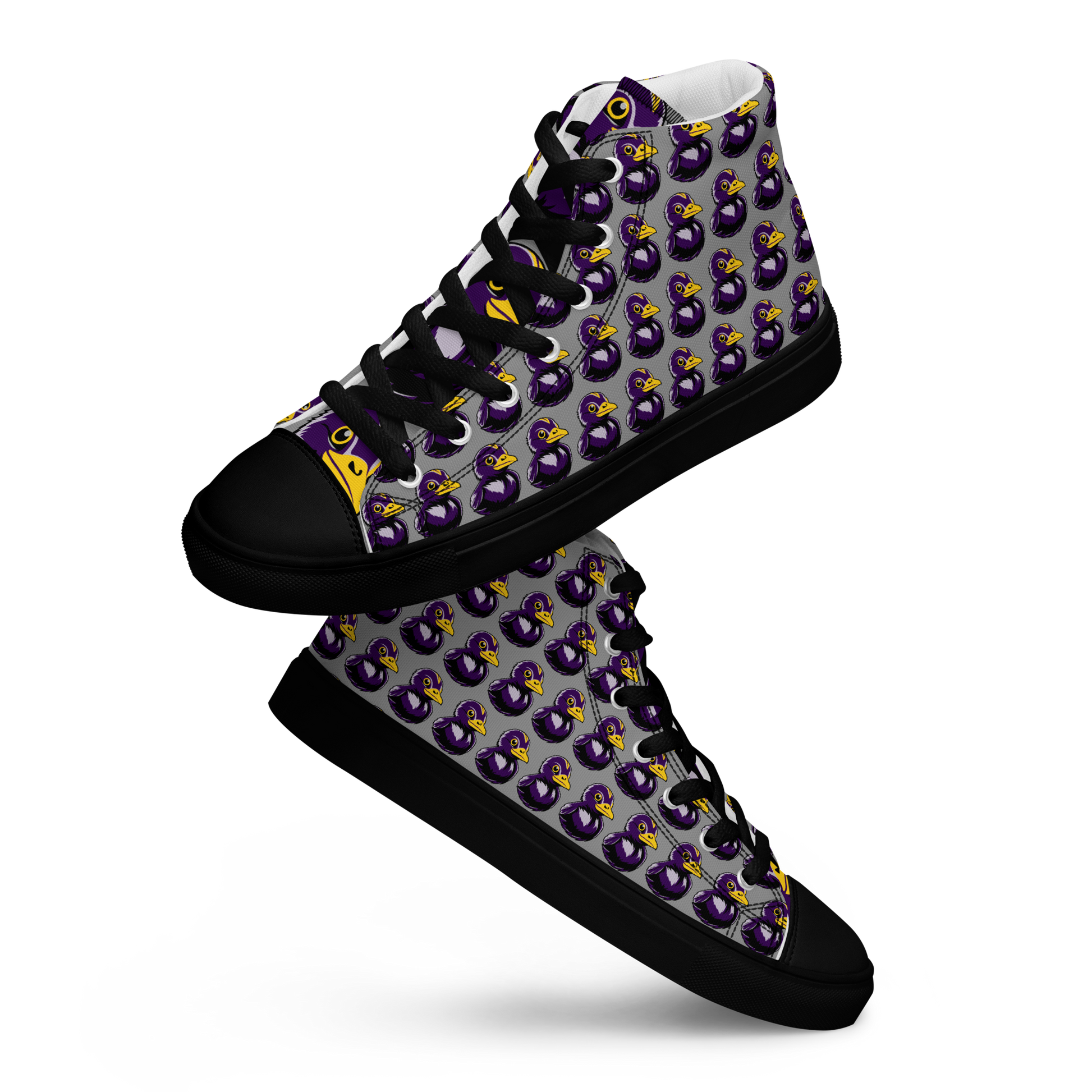 angled side view of pair of mens  BMORE DUCKS! football fan high top canvas shoes with black sole