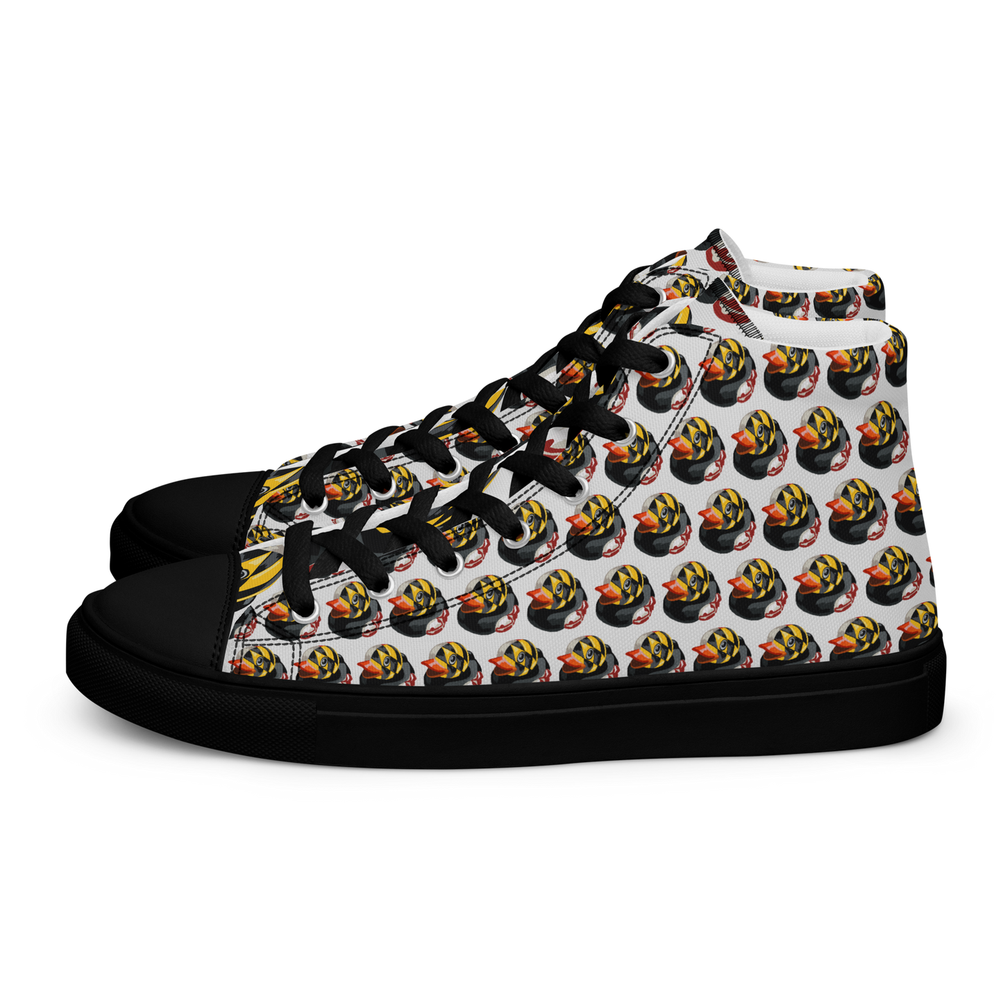 side view of all over pattern Maryland BMORE DUCKS! men's canvas high top shoes with black soles and laces