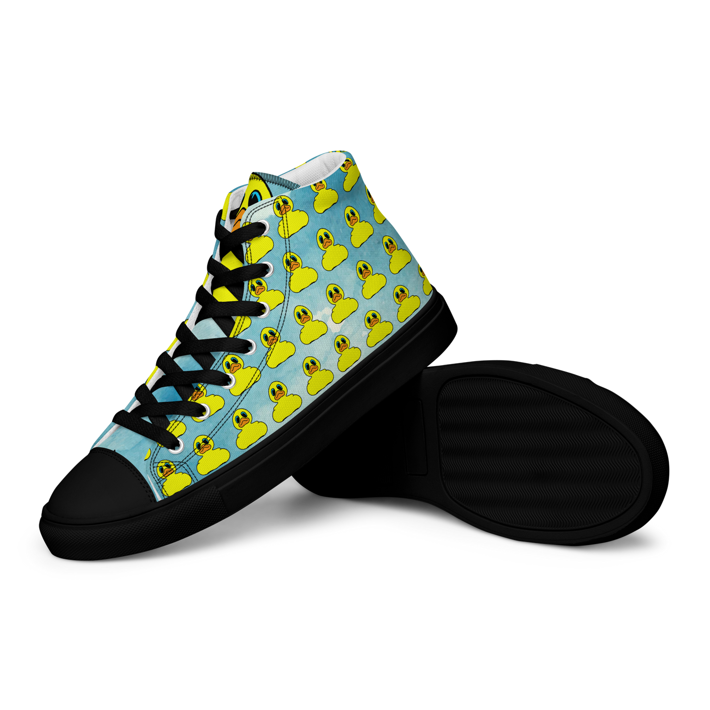 front angled side view of men's high top canvas shoes featuring classic BMORE DUCKS! yellow rubber duck logo patterned over clouds with black sole