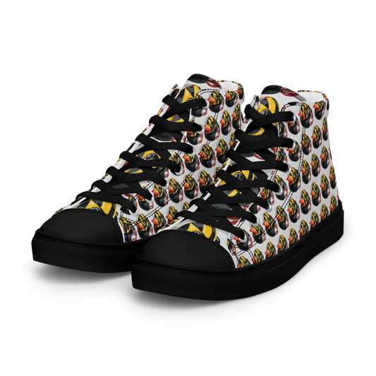 front angle view of all over pattern Maryland BMORE DUCKS! men's canvas high top shoes with black soles and laces