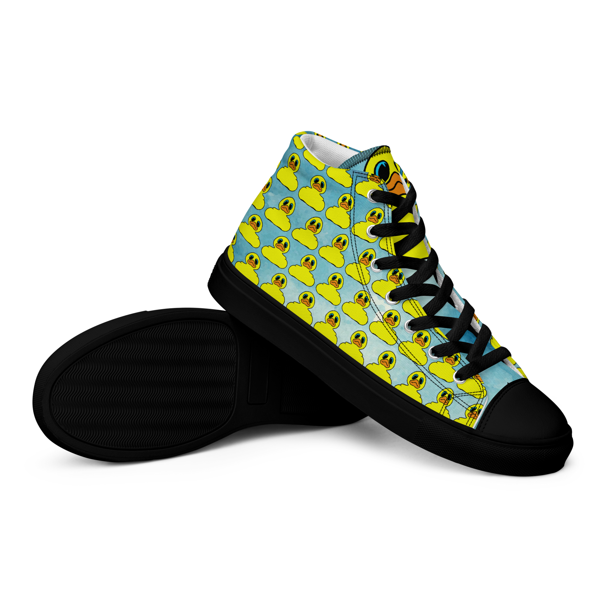 Side view of men's high top canvas shoes featuring classic BMORE DUCKS! yellow rubber duck logo patterned over clouds with black sole