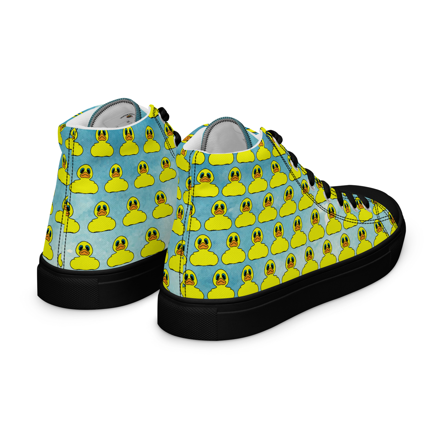 rear side view of men's high top canvas shoes featuring classic BMORE DUCKS! yellow rubber duck logo patterned over clouds with black sole