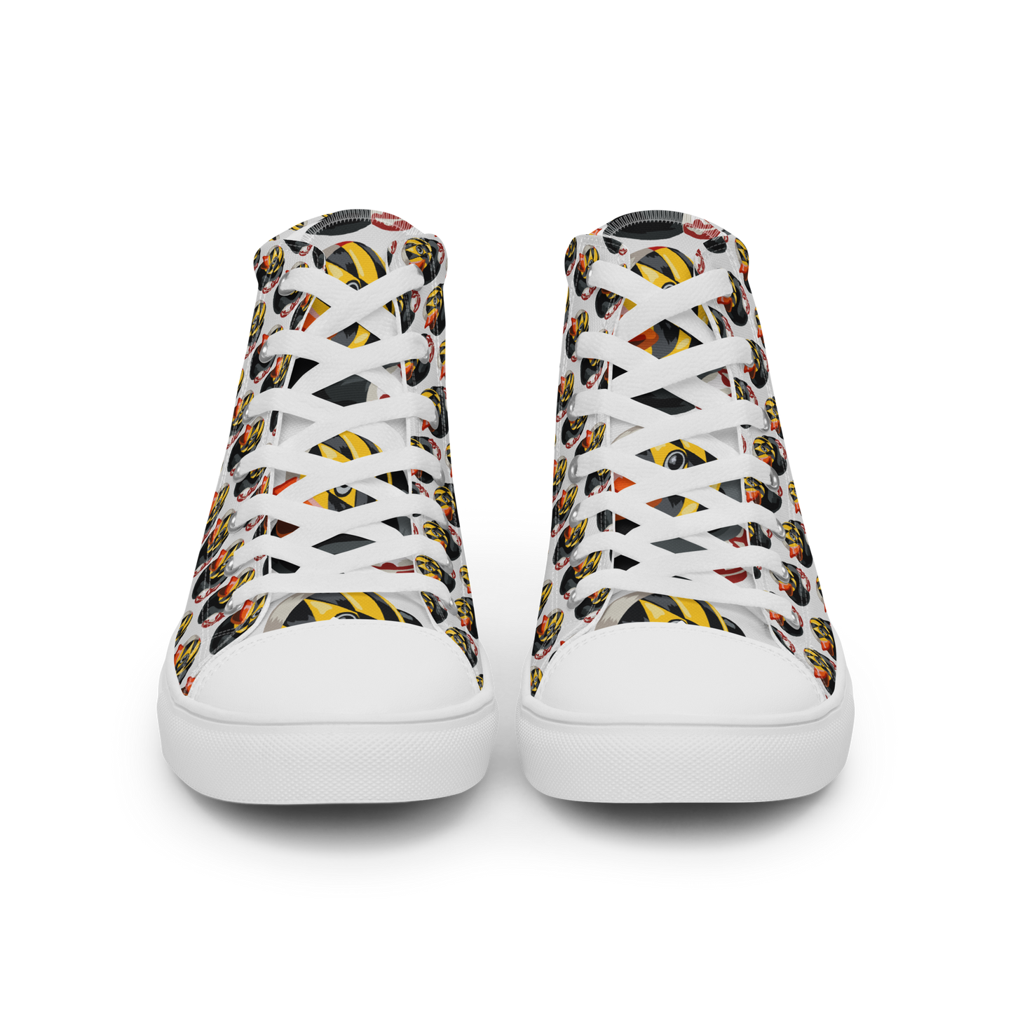 front view of all over pattern Maryland BMORE DUCKS! men's canvas high top shoes with white soles and laces