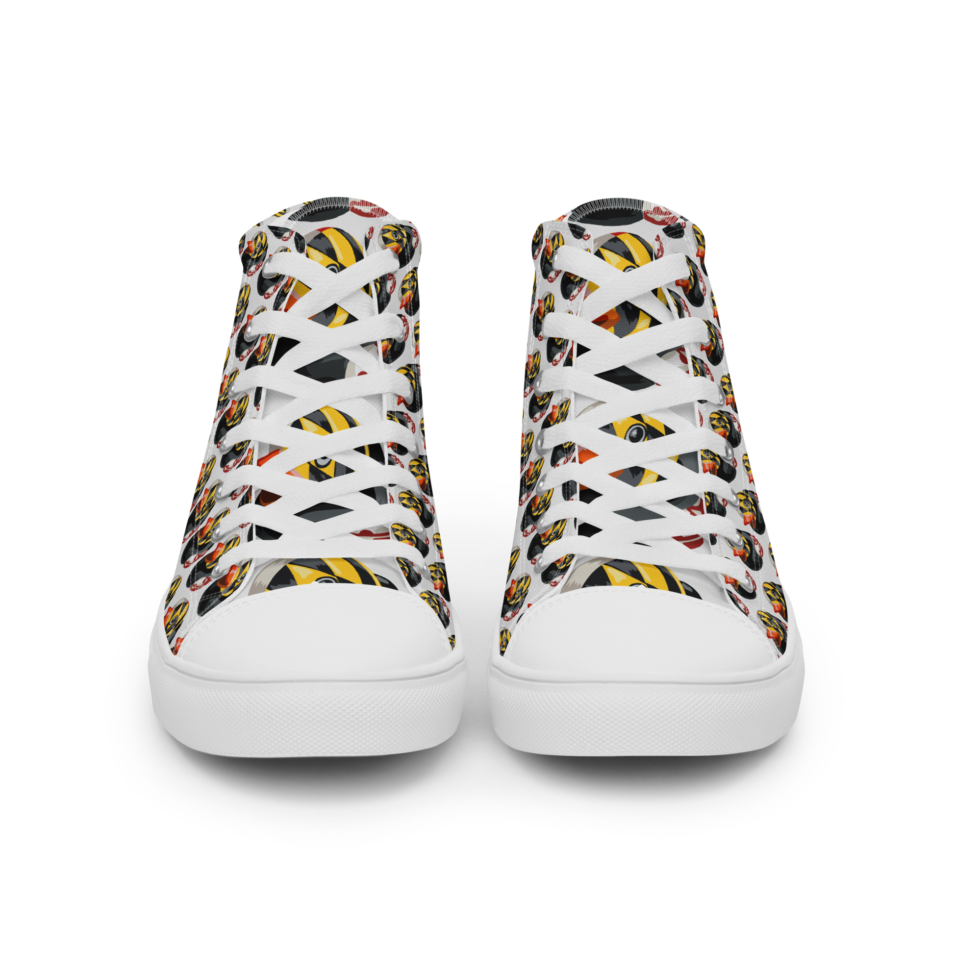 front view of all over pattern Maryland BMORE DUCKS! men's canvas high top shoes with white soles and laces