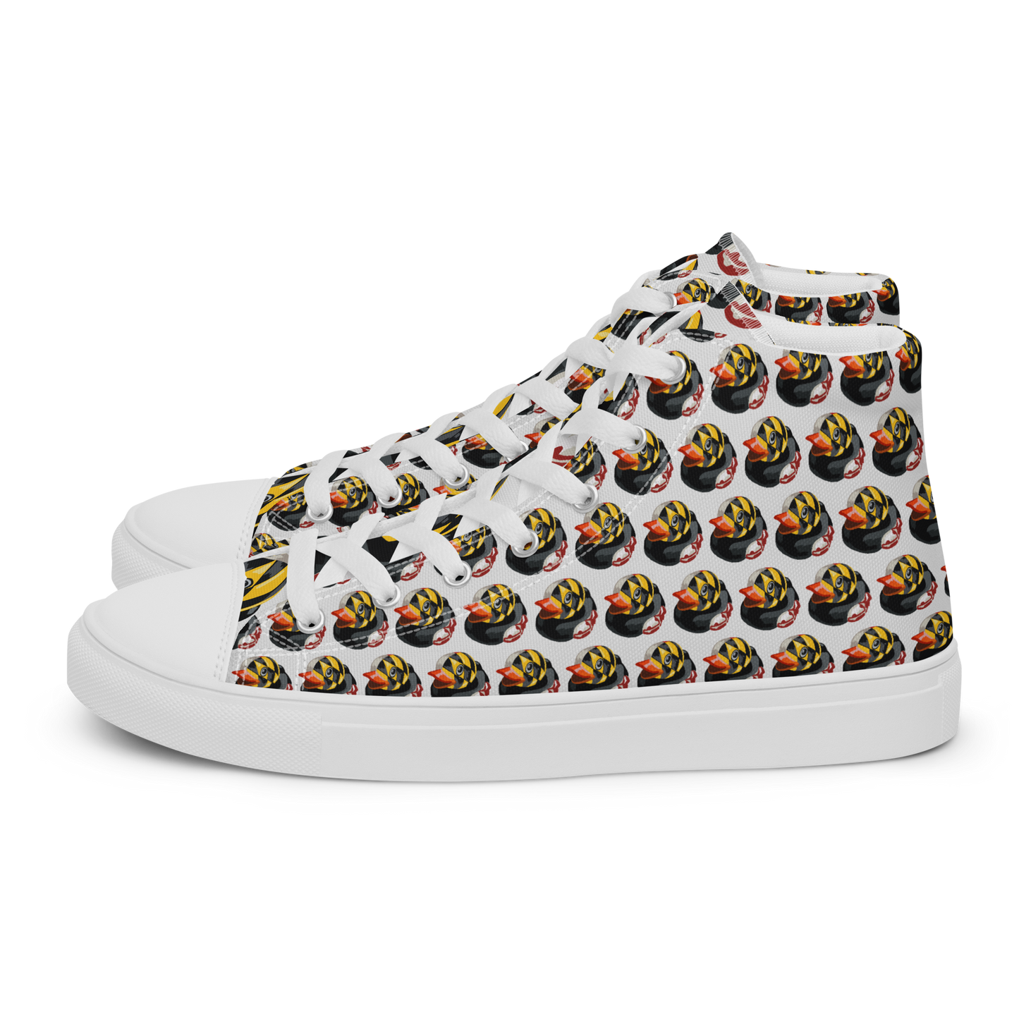 side view of all over pattern Maryland BMORE DUCKS! men's canvas high top shoes with white soles and laces