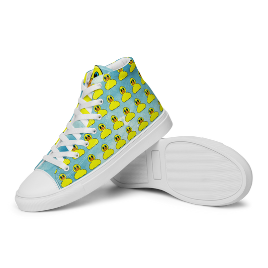 Side view of men's high top canvas shoes featuring classic BMORE DUCKS! yellow rubber duck logo patterned over clouds with white sole