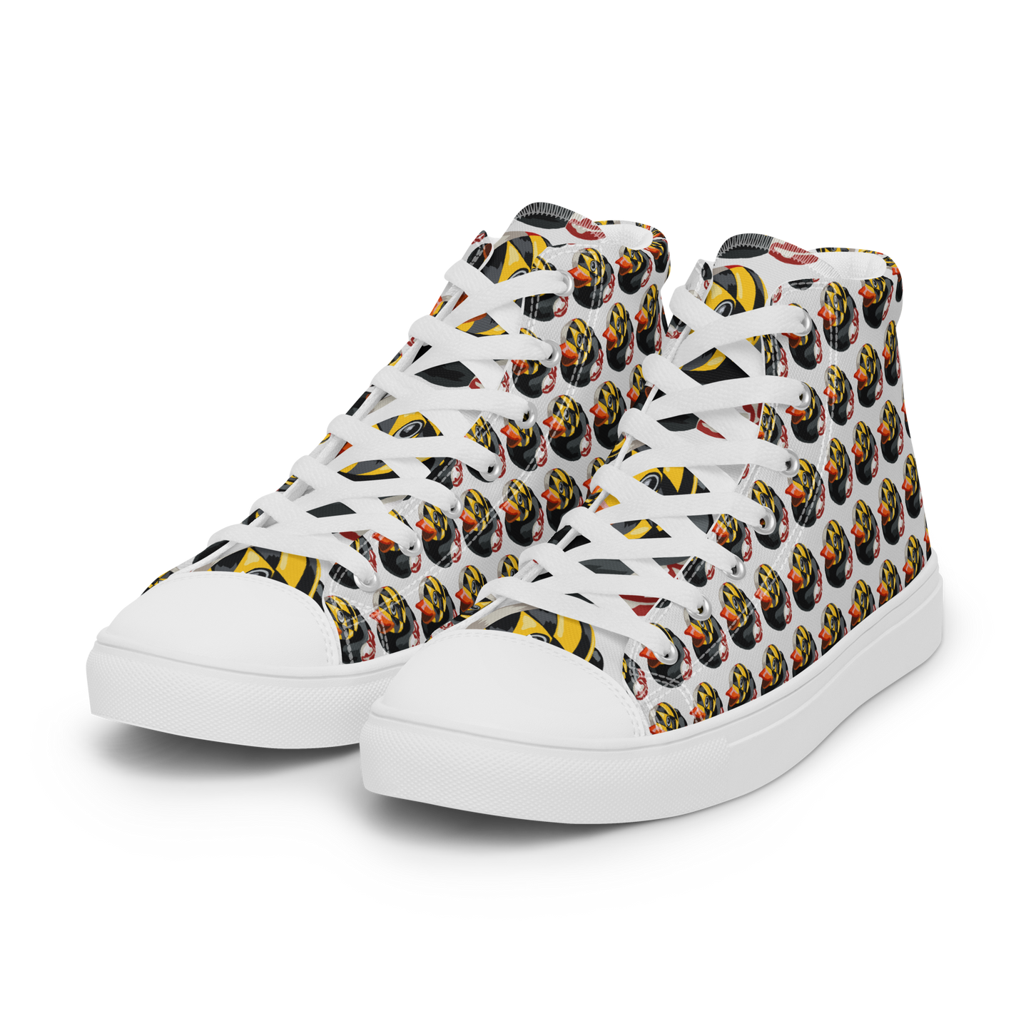 front angled view of all over pattern Maryland BMORE DUCKS! men's canvas high top shoes with white soles and laces