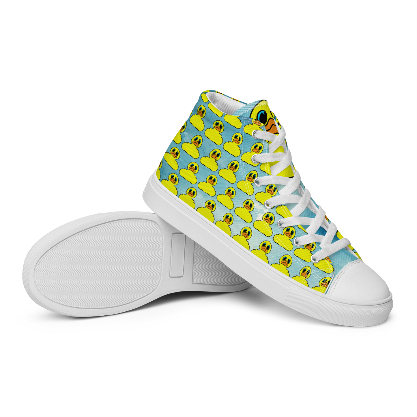 Side view of men's high top canvas shoes featuring classic BMORE DUCKS! yellow rubber duck logo patterned over clouds with white sole