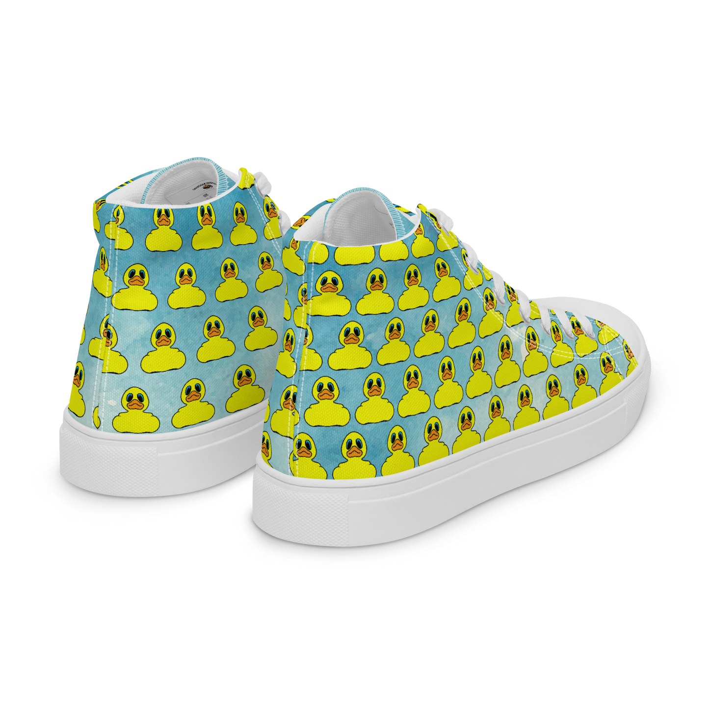 rear side view of men's high top canvas shoes featuring classic BMORE DUCKS! yellow rubber duck logo patterned over clouds with white sole