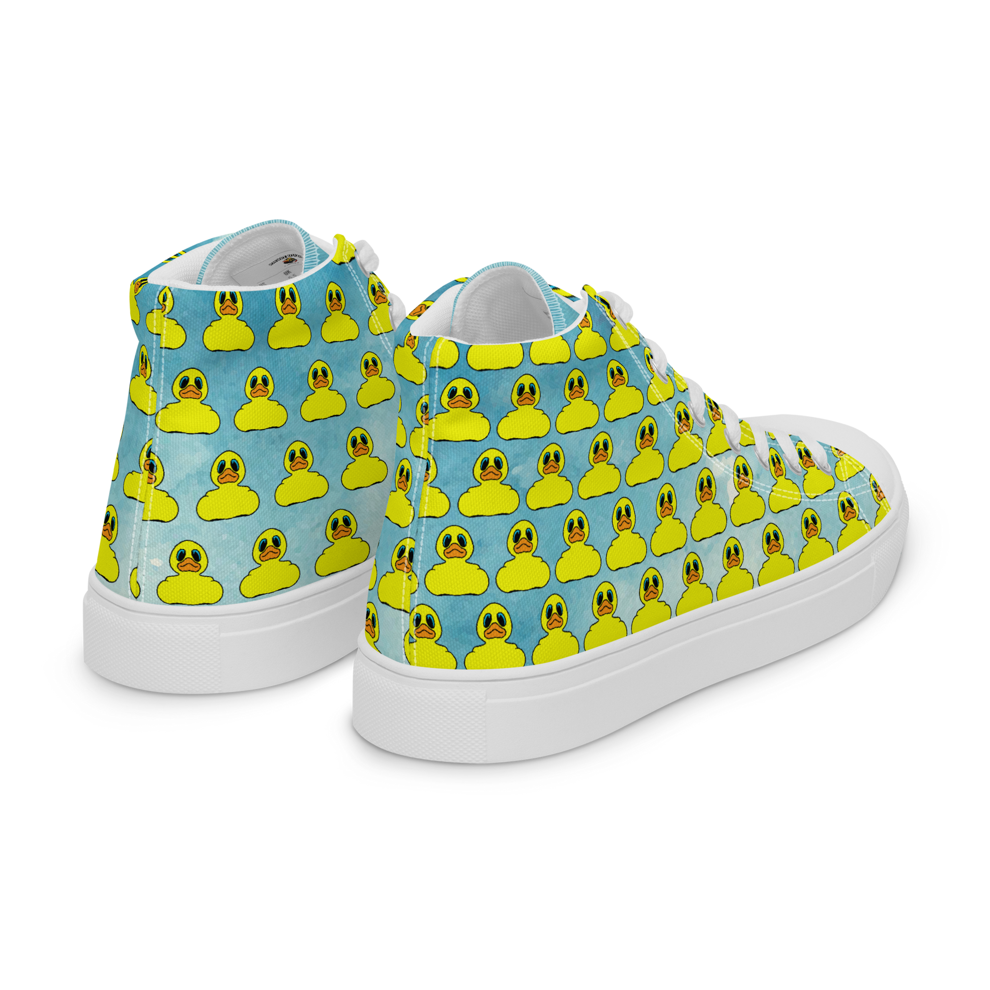 rear side view of men's high top canvas shoes featuring classic BMORE DUCKS! yellow rubber duck logo patterned over clouds with white sole