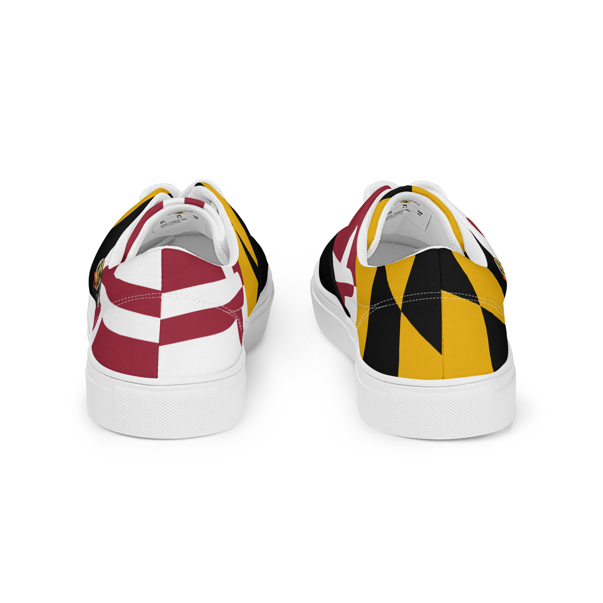 rear view of men's lace up canvas shoes with Maryland flag pattern, BMORE DUCKS! logo, white soles, and black toes