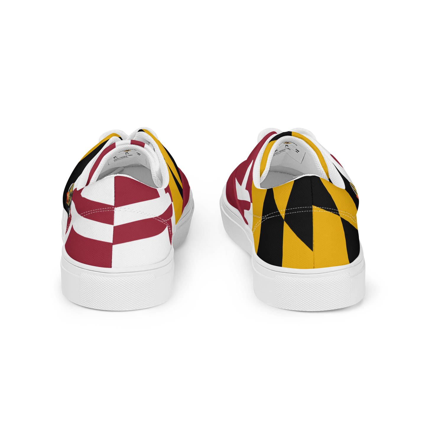 rear view of men's lace up canvas shoes with Maryland flag pattern, BMORE DUCKS! logo, white soles, and red toes