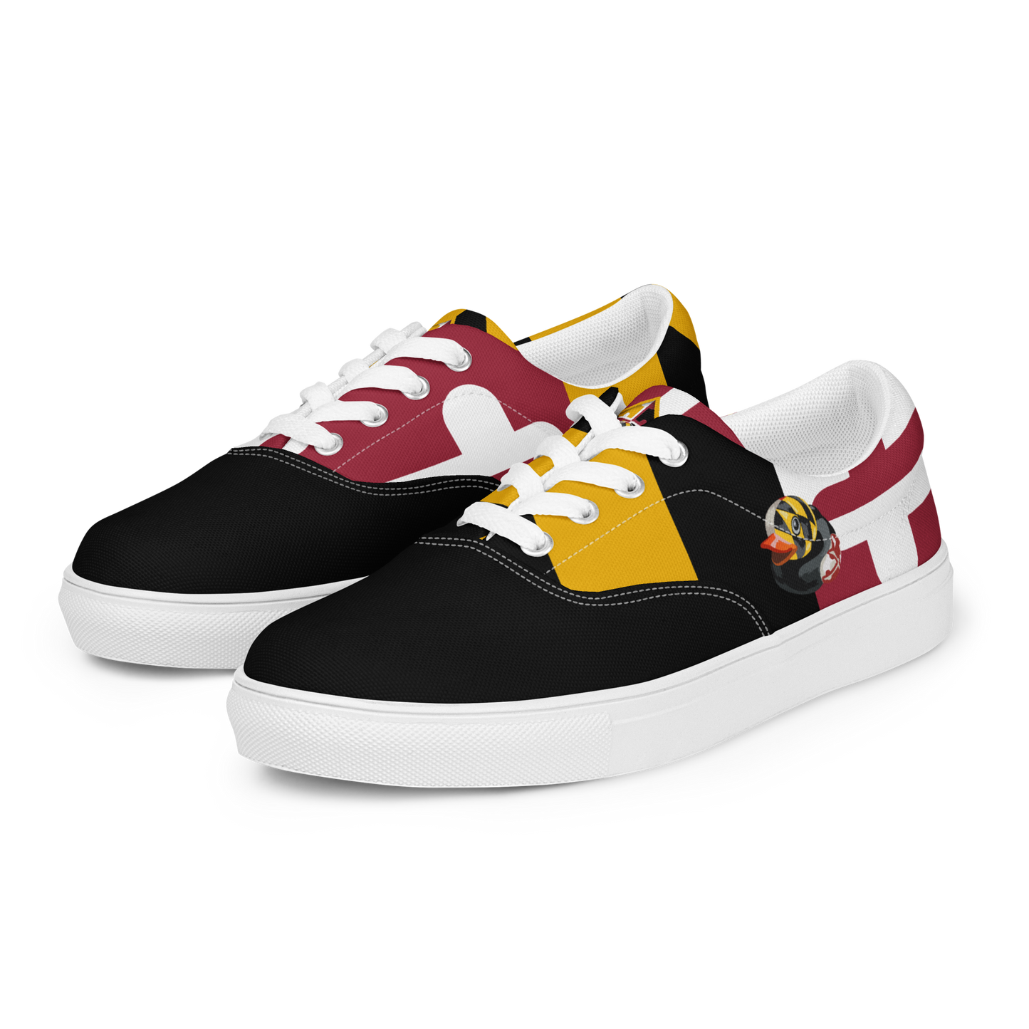 side view of men's lace up canvas shoes with Maryland flag pattern, BMORE DUCKS! logo, white soles, and black toes