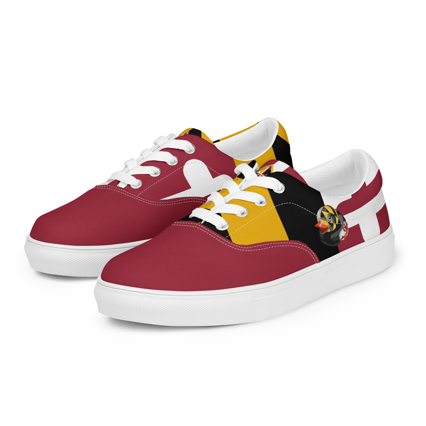 front side view of men's lace up canvas shoes with Maryland flag pattern, BMORE DUCKS! logo, white soles, and red toes