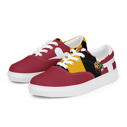 front side view of men's lace up canvas shoes with Maryland flag pattern, BMORE DUCKS! logo, white soles, and red toes