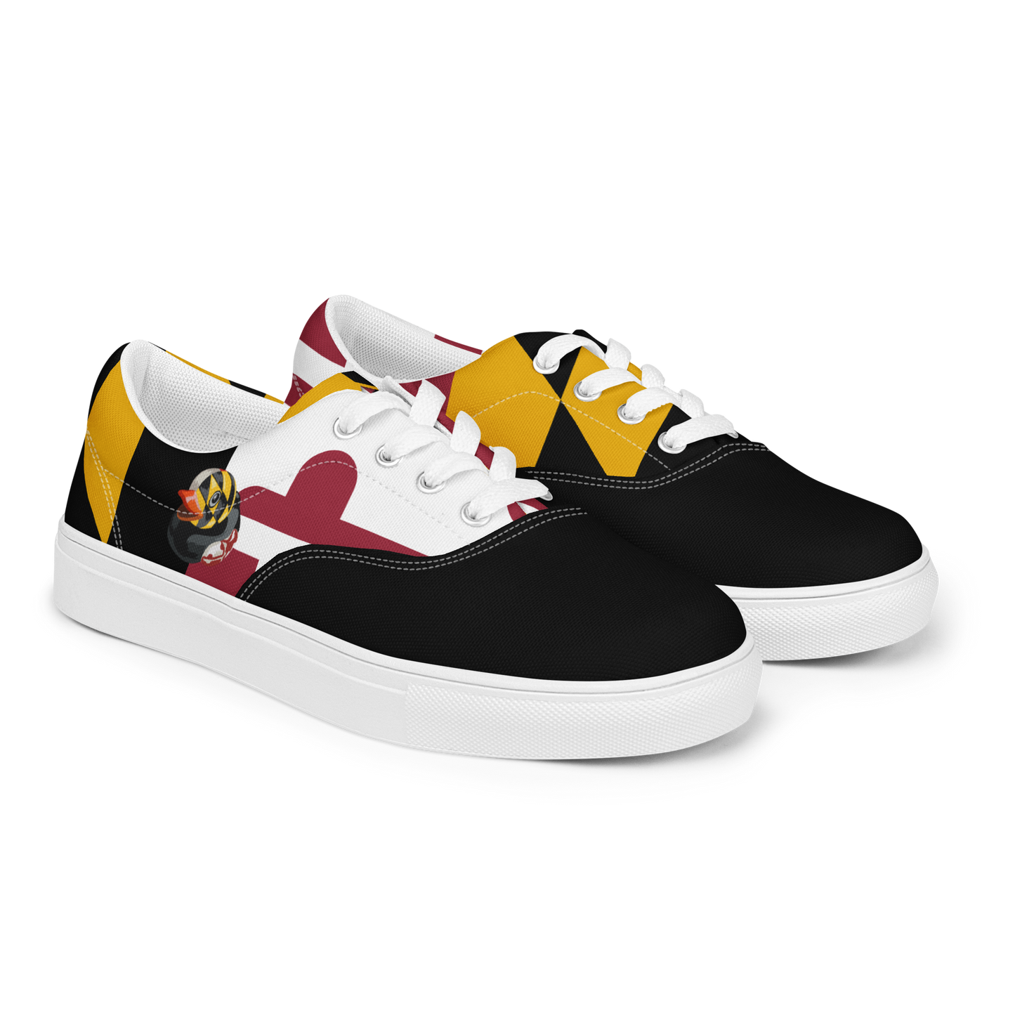 front side view of men's lace up canvas shoes with Maryland flag pattern, BMORE DUCKS! logo, white soles, and black toes