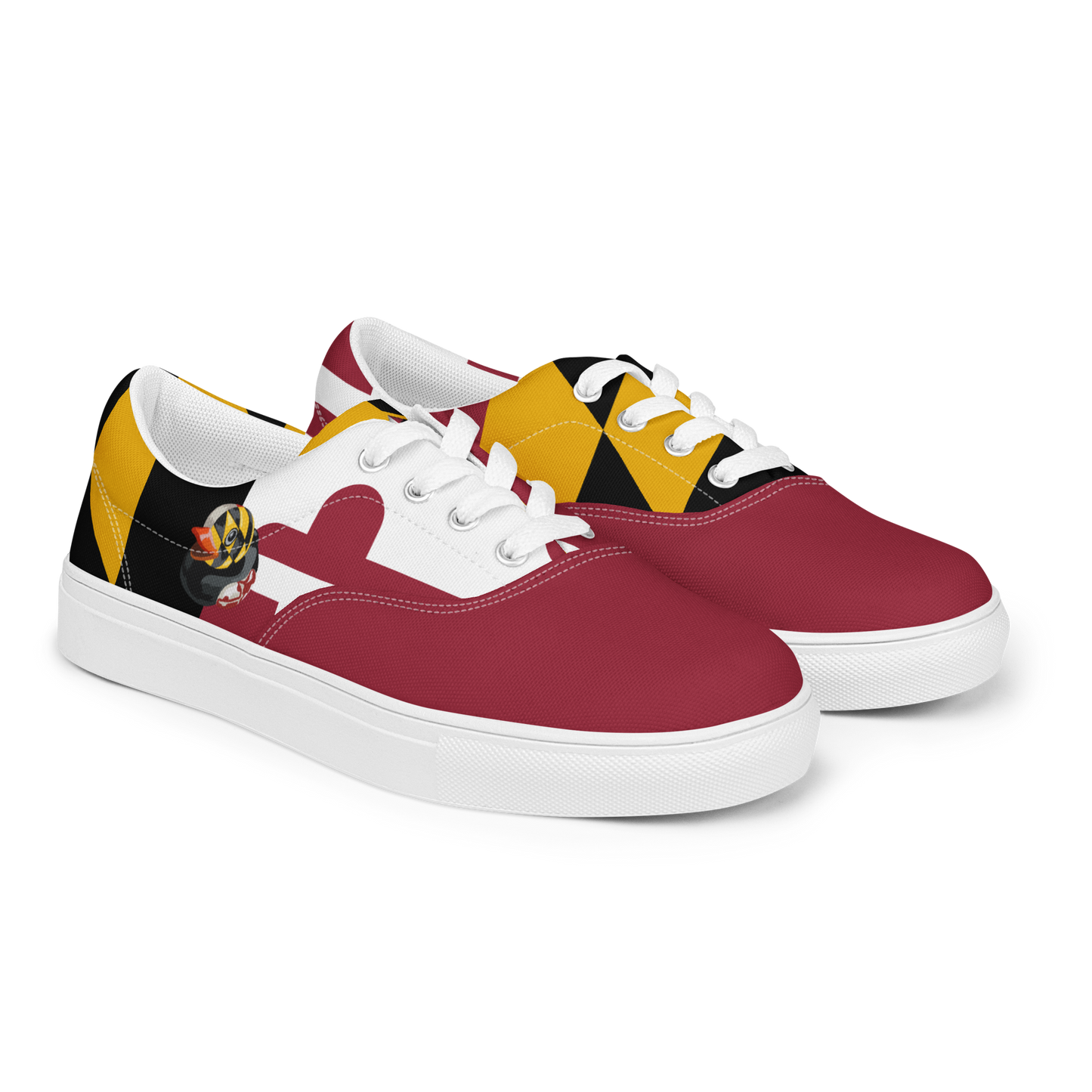 front side view of men's lace up canvas shoes with Maryland flag pattern, BMORE DUCKS! logo, white soles, and red toes