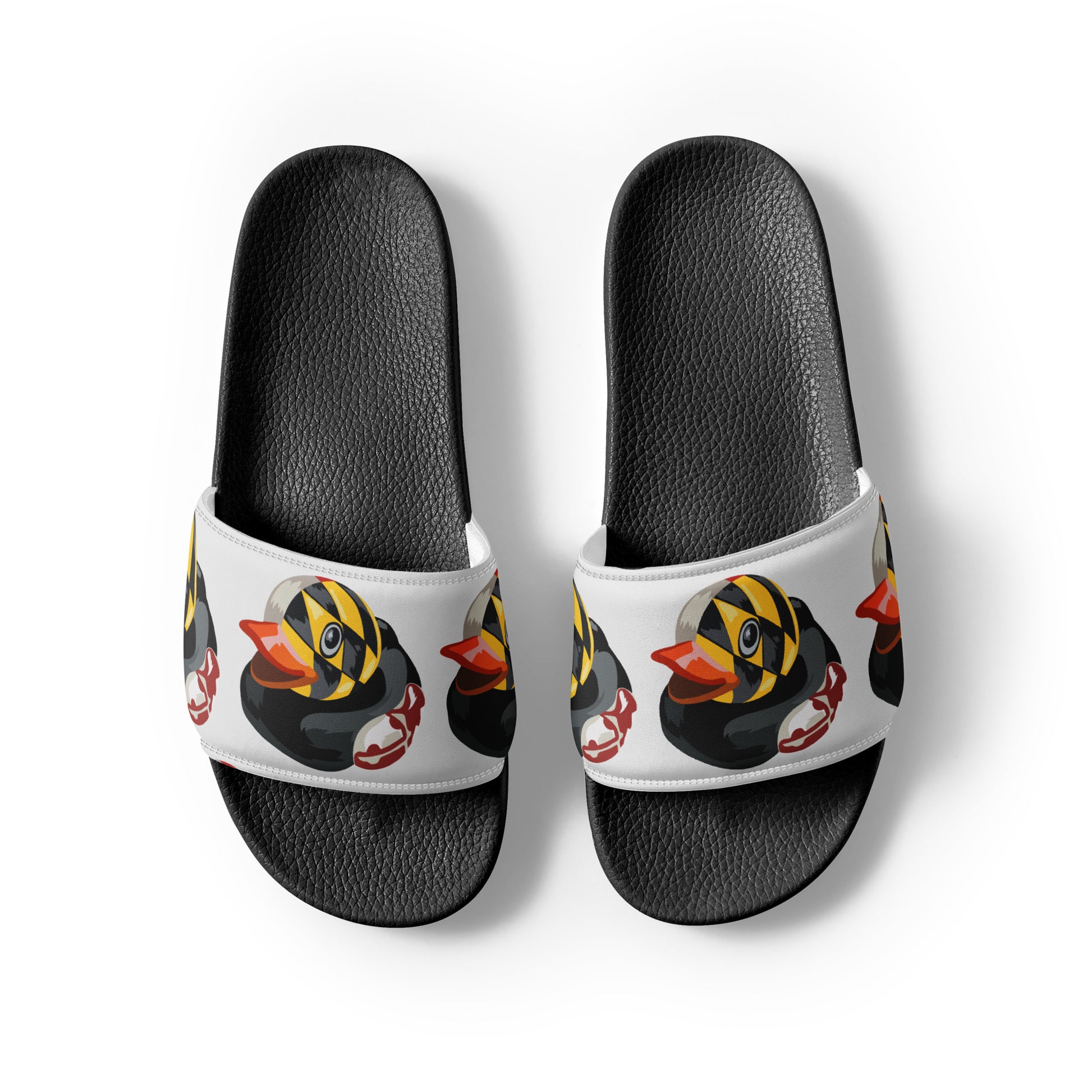 Overhead view of black men's slides with Maryland BMORE DUCKS! logo