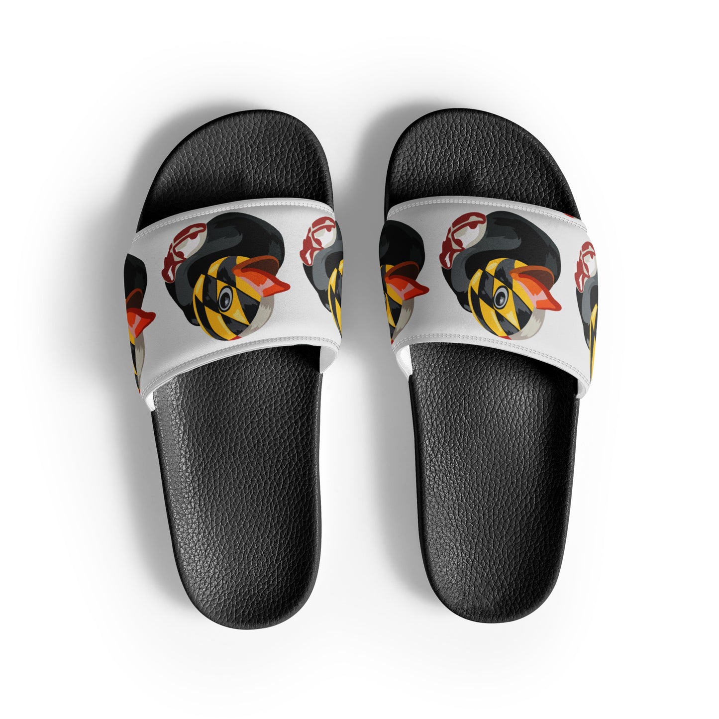 Overhead view of black men's slides with Maryland BMORE DUCKS! logo