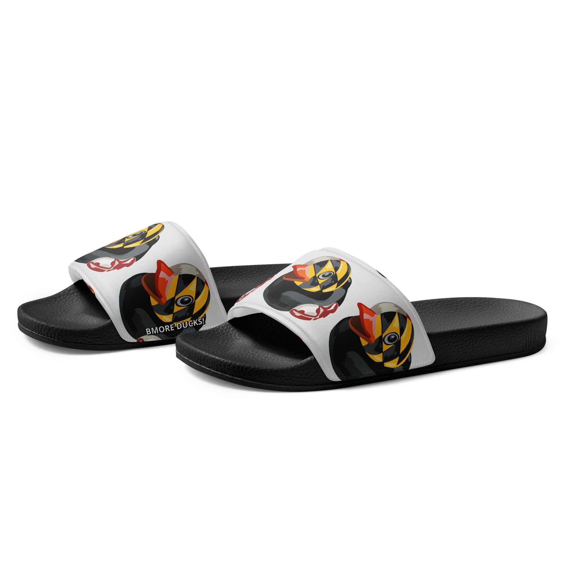 side view of black men's slides with Maryland BMORE DUCKS! logo