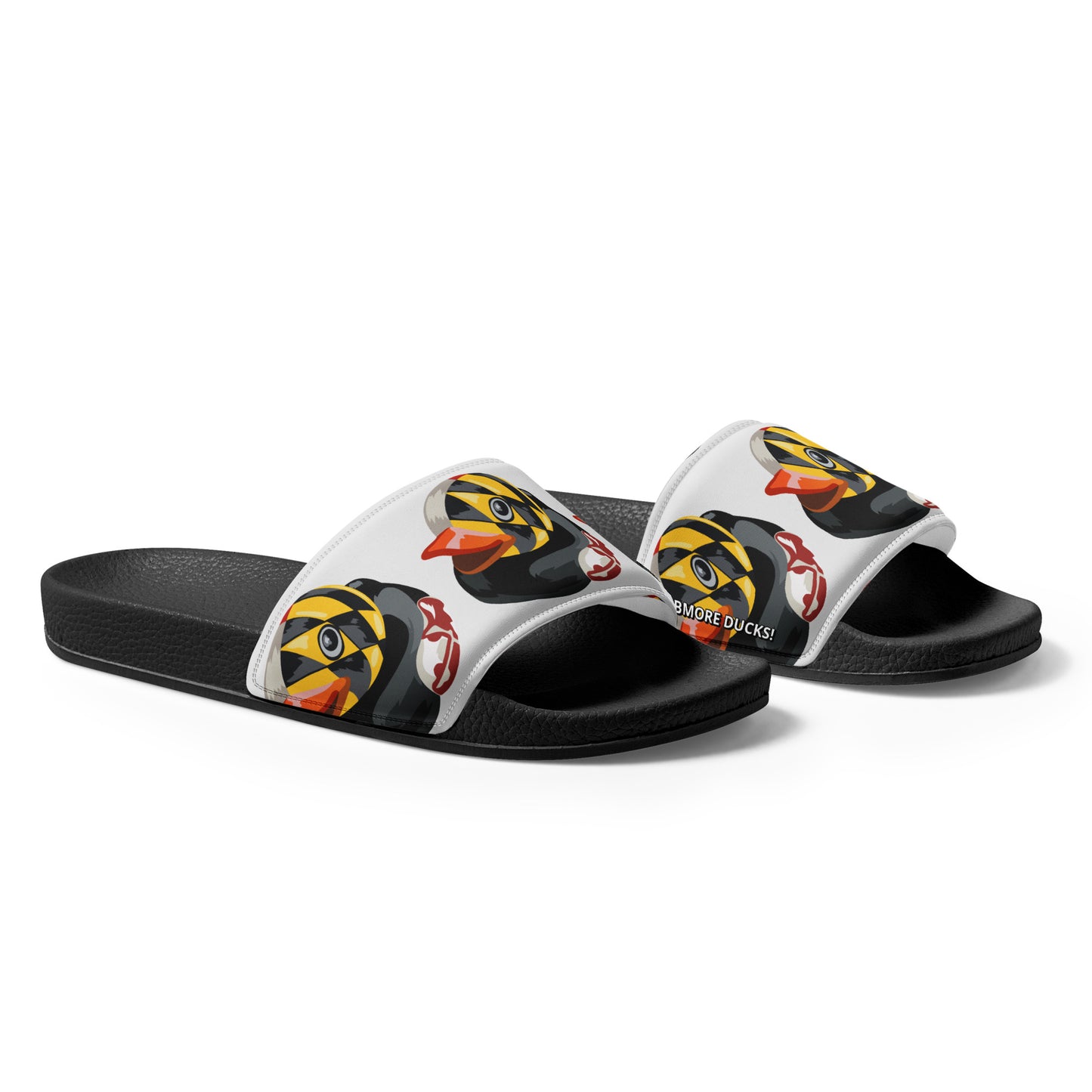 side view of black men's slides with Maryland BMORE DUCKS! logo