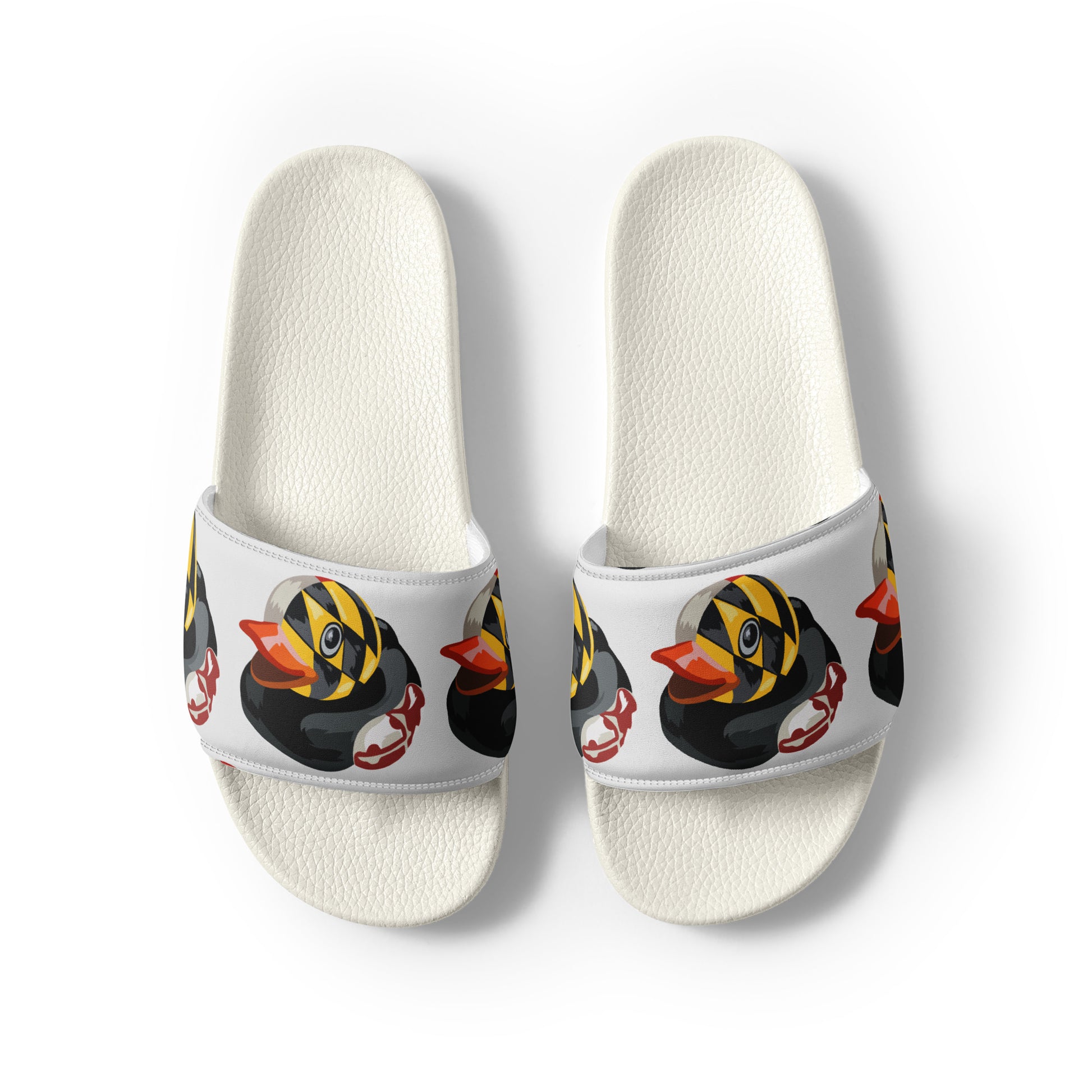 overhead view of white men's slides with Maryland BMORE DUCKS! logo