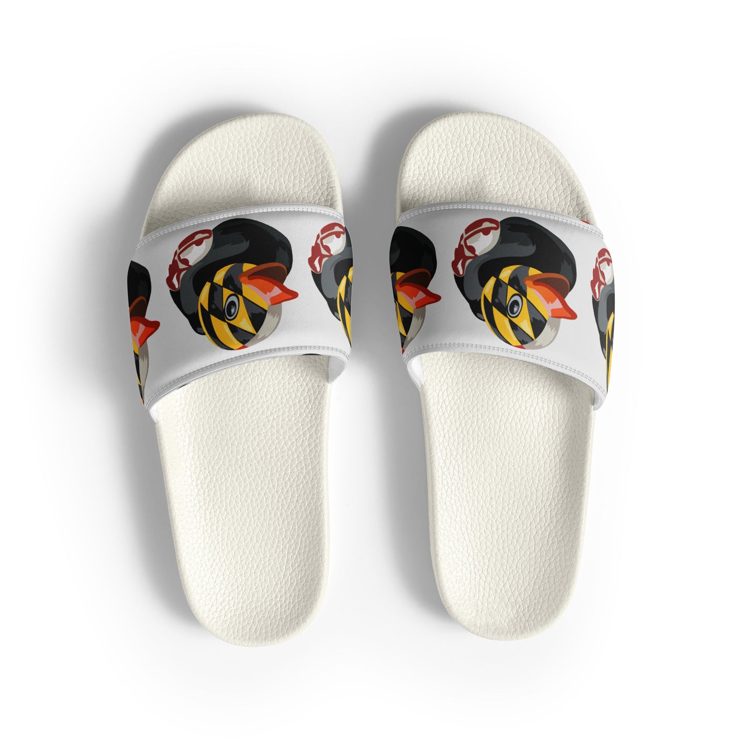 overhead view of white men's slides with Maryland BMORE DUCKS! logo