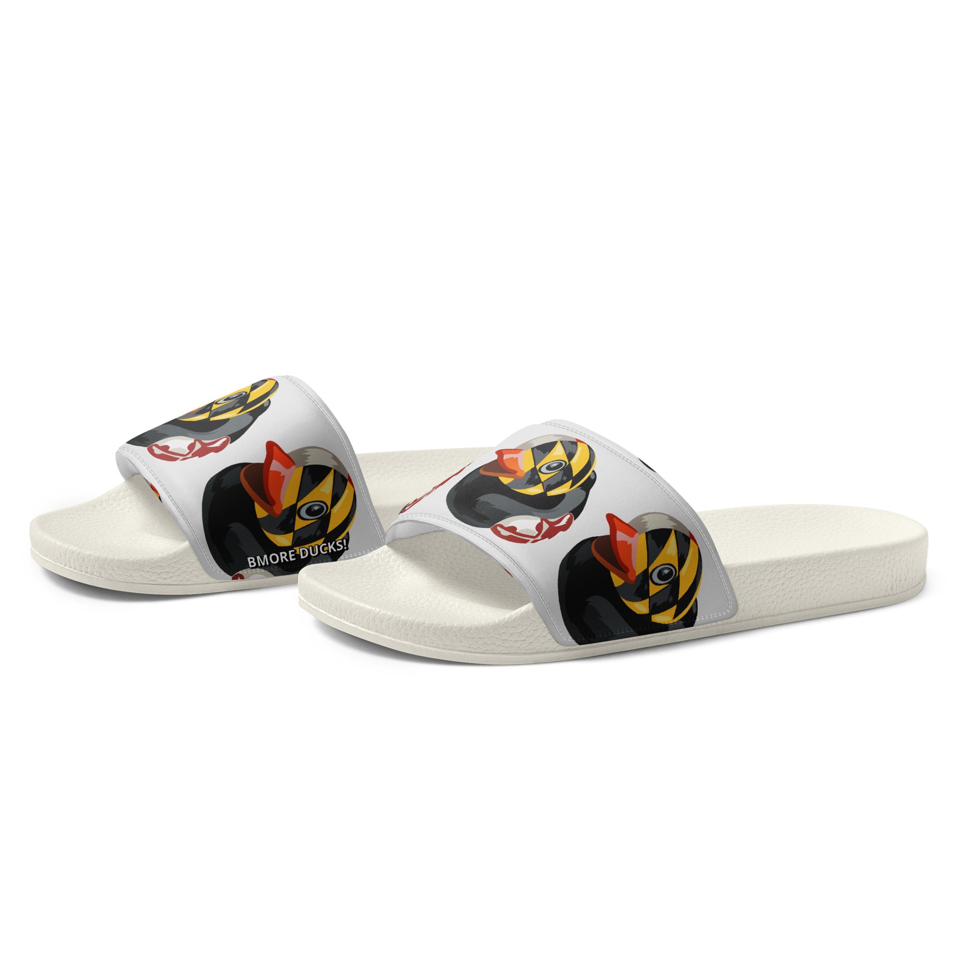 side view of white men's slides with Maryland BMORE DUCKS! logo