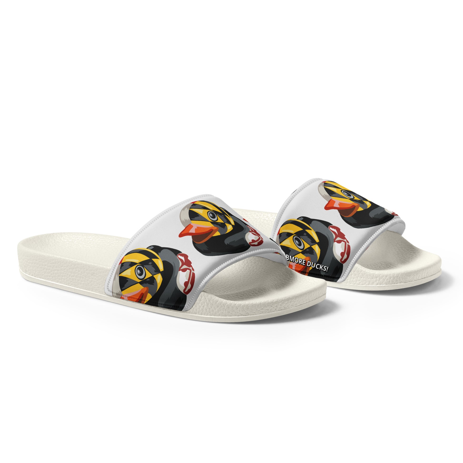 side view of white men's slides with Maryland BMORE DUCKS! logo