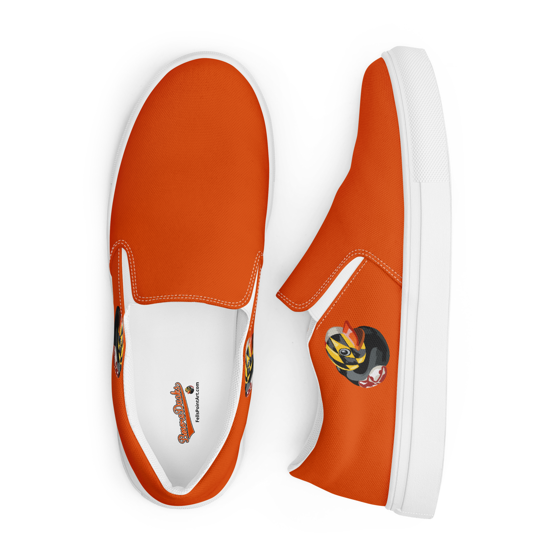 Overhead view of orange BMORE DUCKS! Mens canvas slip on shoes