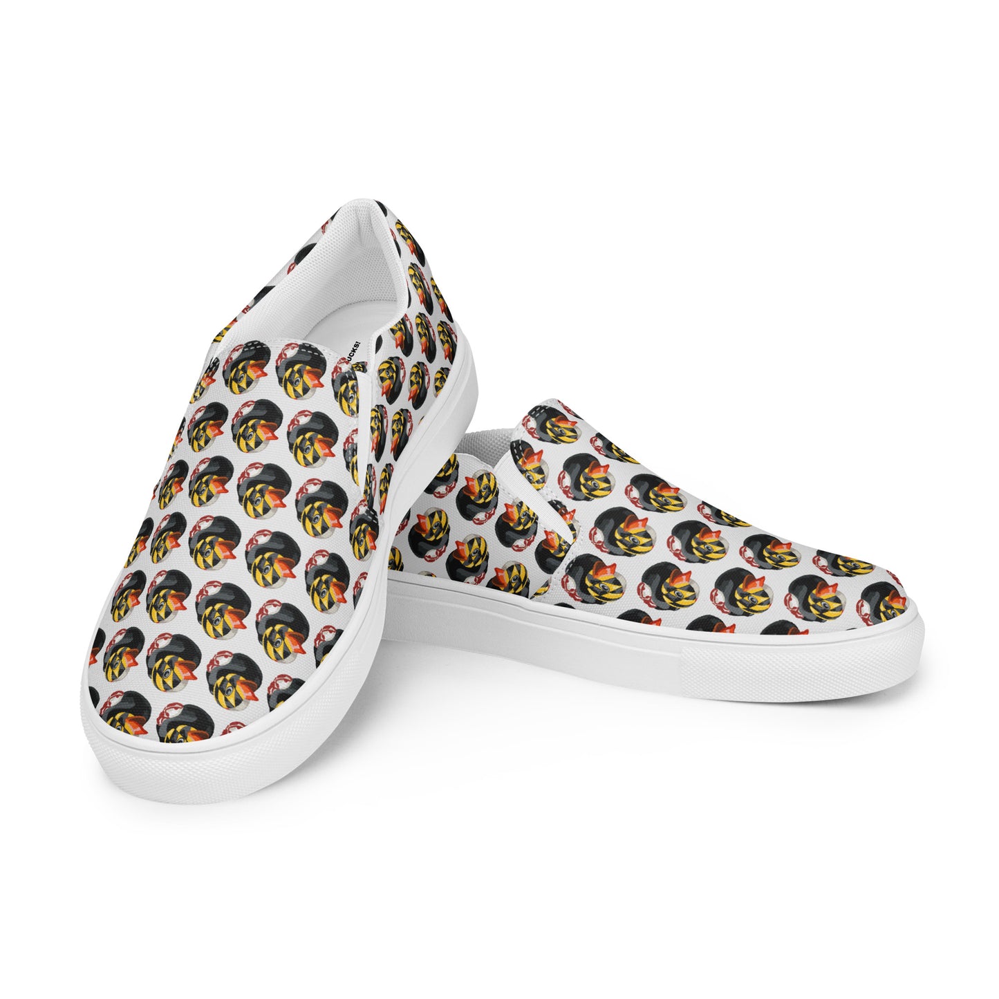 front  view left and side view right Maryland BMORE DUCKS mens canvas slip on white sole shoes 