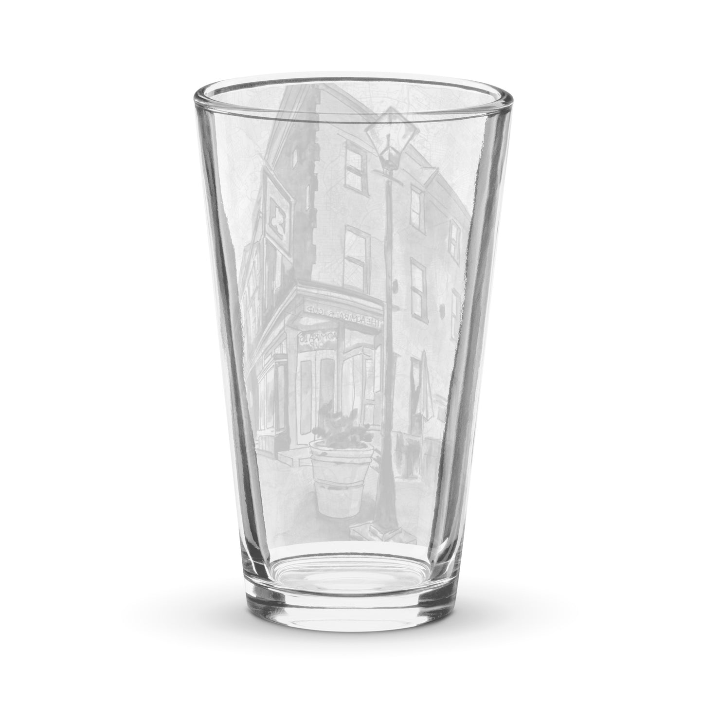 A picture of the back of a clear pint glass with the image of a watercolor painting of Baltimore's Admiral's Cup Bar painted on a map of the city