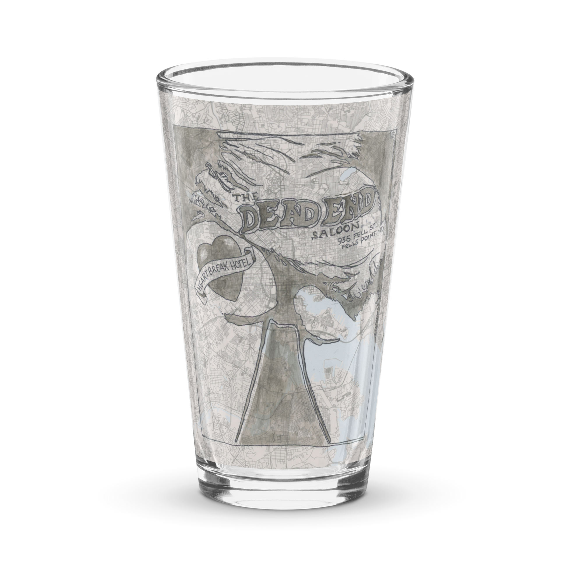 front of a Dead End Saloon Pint Glass