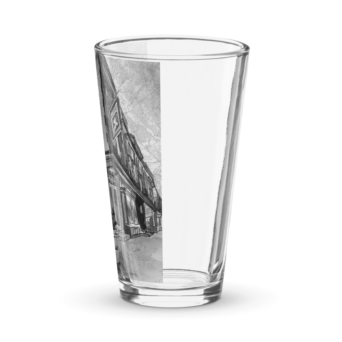 A picture of the right side of a clear pint glass with the image of a watercolor painting of Baltimore's Admiral's Cup Bar painted on a map of the city