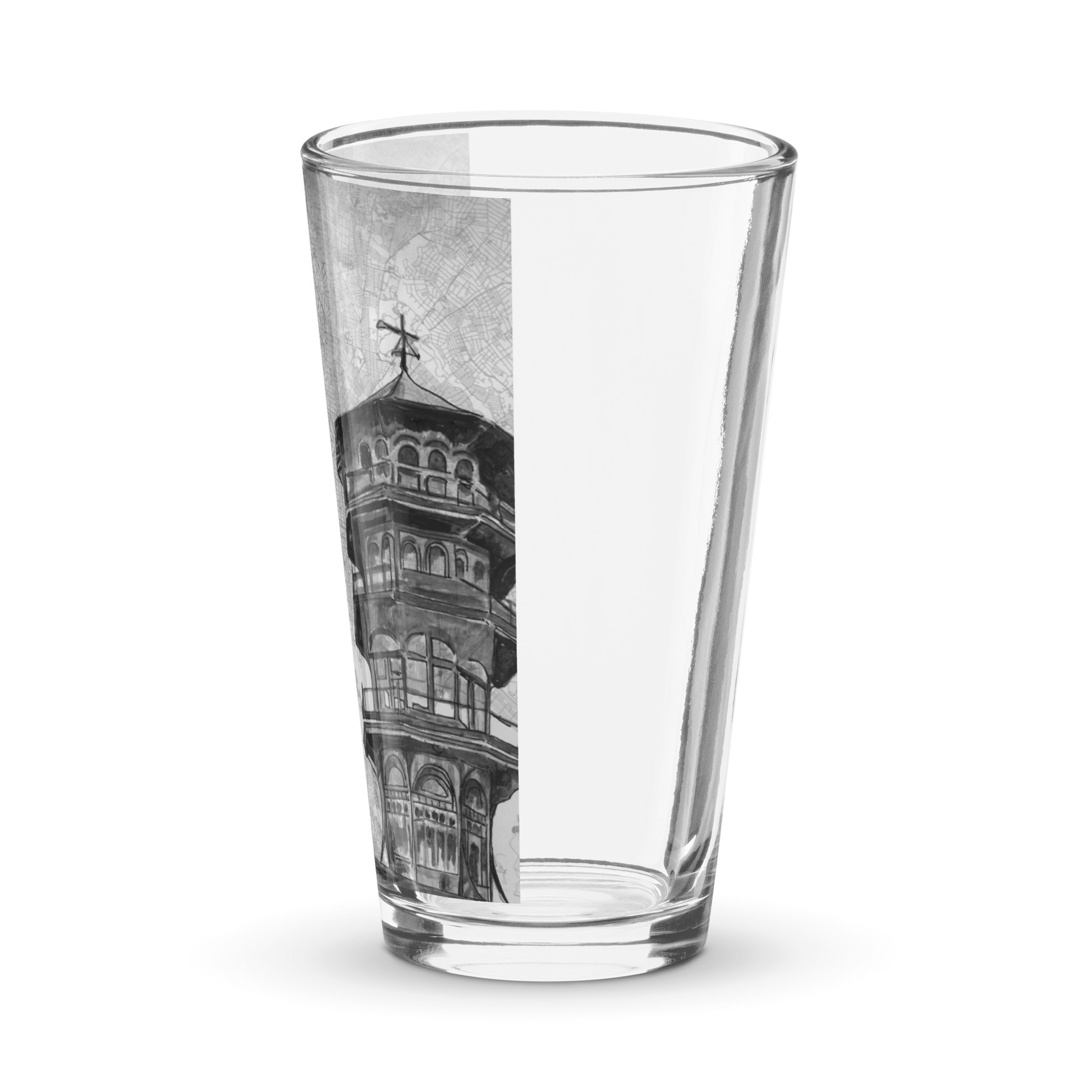 left side pint glass with printed image of a painting of the Patterson Park Pagoda on a map of Baltimore