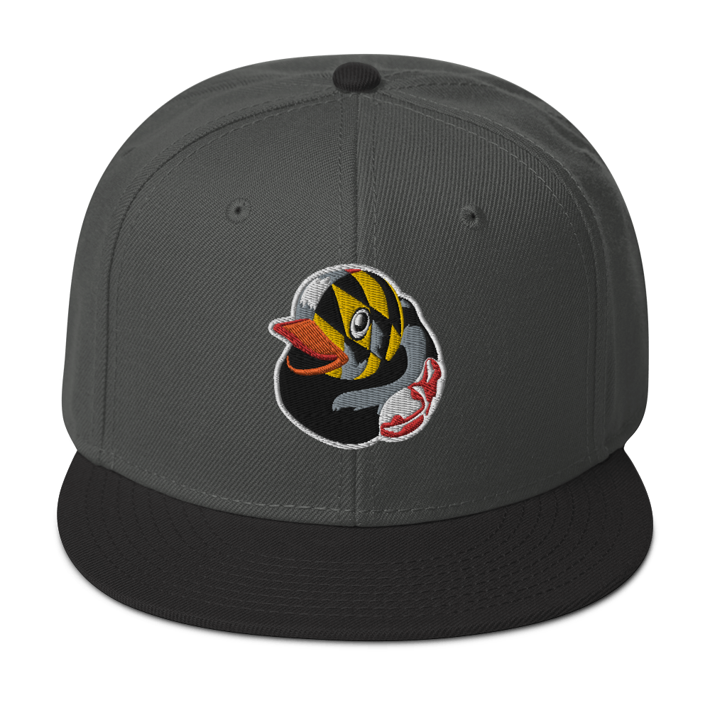 front view gray hat with b brim and a Maryland BMORE DUCKS! logo outlined in whiteack