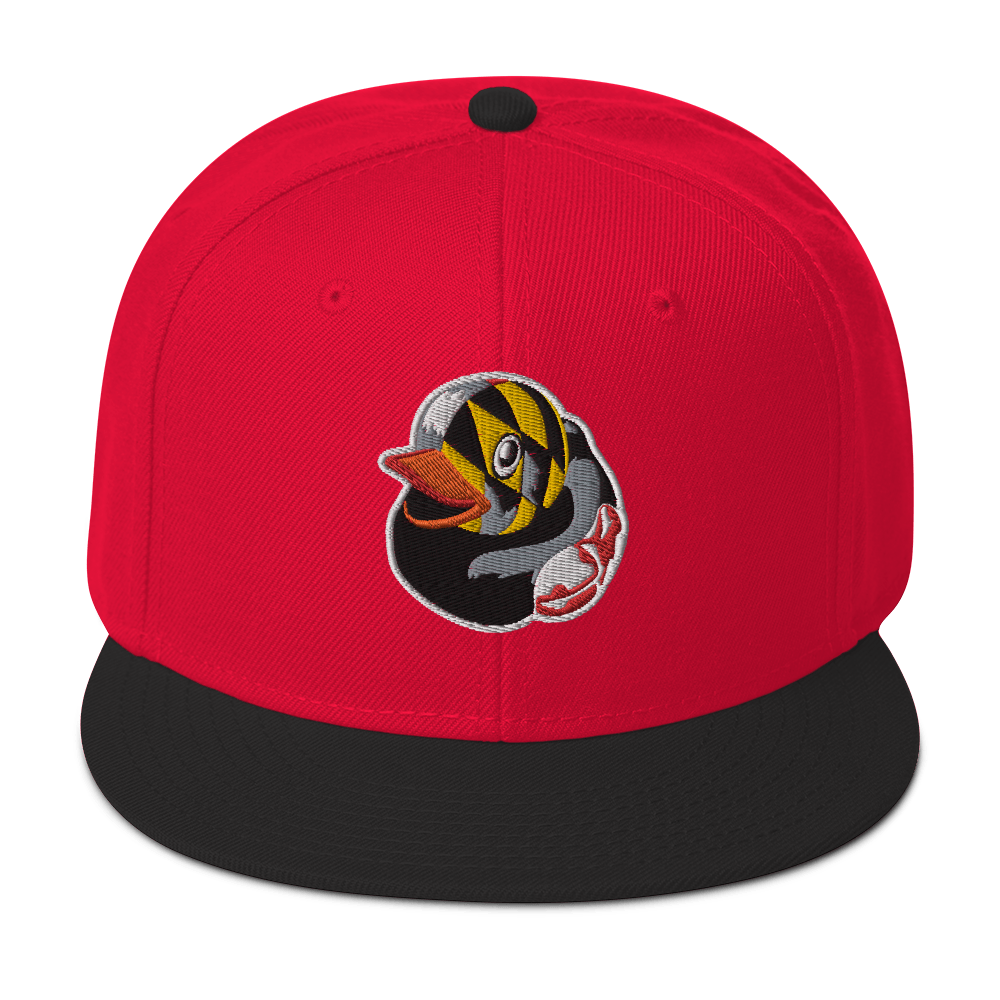 front view red hat with black brim and a Maryland BMORE DUCKS! logo outlined in white