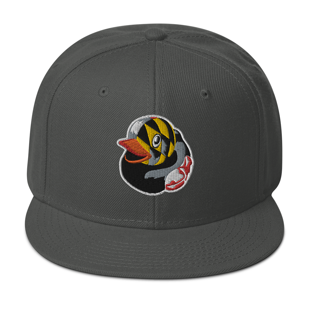 front view gray hat with gray brim and a Maryland BMORE DUCKS! logo outlined in white