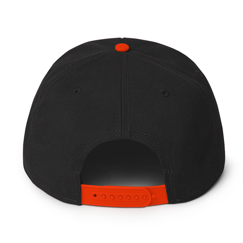 back of a black snapback hat with orange snap